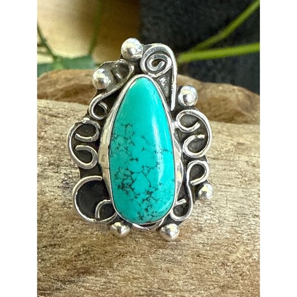 Sterling Silver & Turquoise Ring Intricate Design - Size 6 Adjustable - Picture 2 of 8